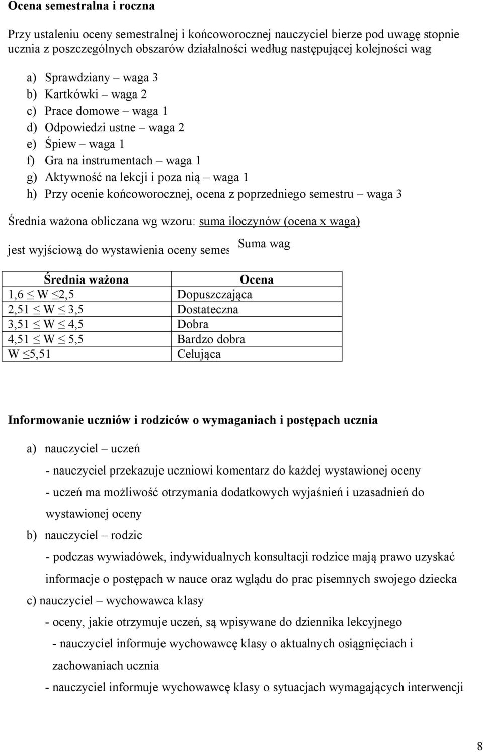 końcoworocznej, ocena z poprzedniego semestru waga 3 Średnia ważona obliczana wg wzoru: suma iloczynów (ocena x waga) Suma wag jest wyjściową do wystawienia oceny semestralnej.