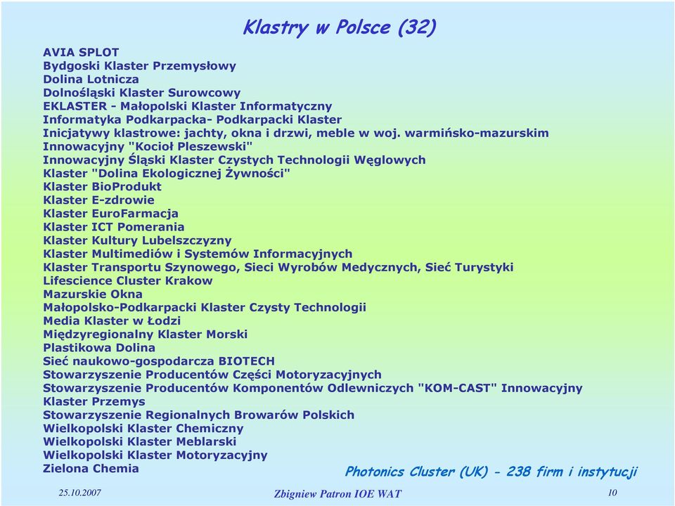 warmińsko-mazurskim Innowacyjny "Kocioł Pleszewski" Innowacyjny Śląski Klaster Czystych Technologii Węglowych Klaster "Dolina Ekologicznej Żywności" Klaster BioProdukt Klaster E-zdrowie Klaster