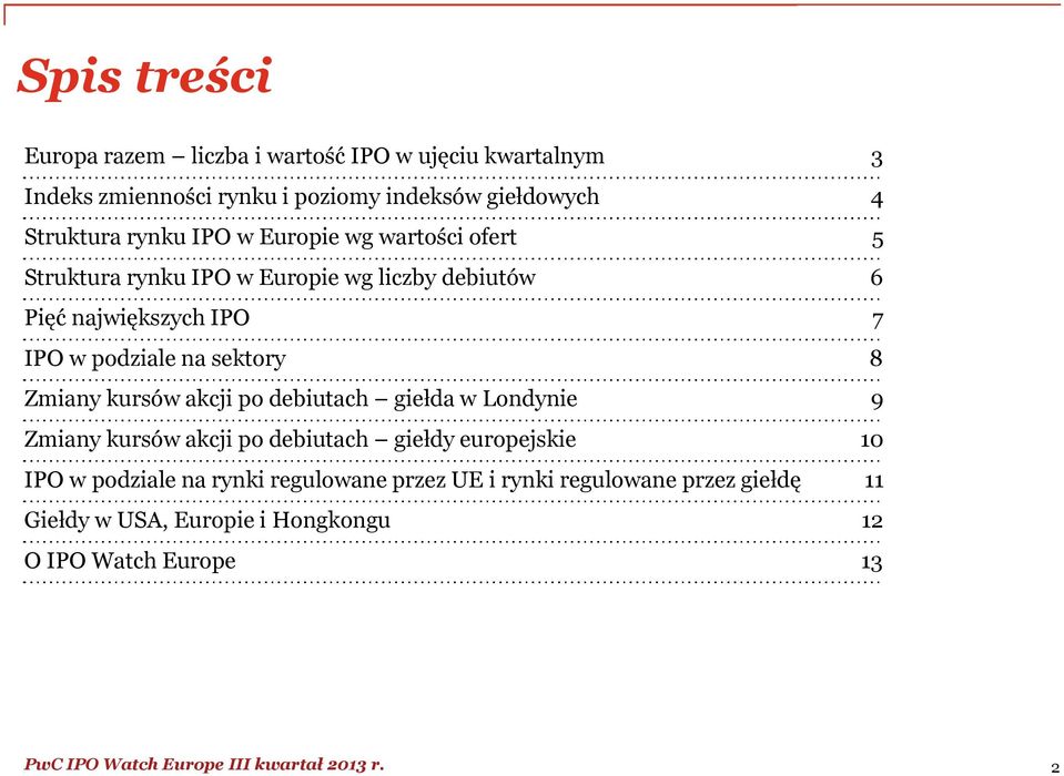 podziale na sektory 8 Zmiany kursów akcji po debiutach giełda w Londynie 9 Zmiany kursów akcji po debiutach giełdy europejskie 10