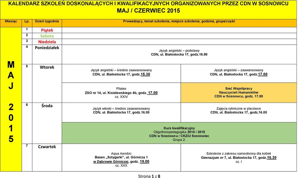 zwartek Pilates ZSO nr 4, ul. Kisielewskiego 4b, godz. 7. cz. XXIV / KZiU Sosnowiec DN, ul. Białostocka 7, godz.7. Sieć Współpracy Nauczycieli Humanistów, godz.