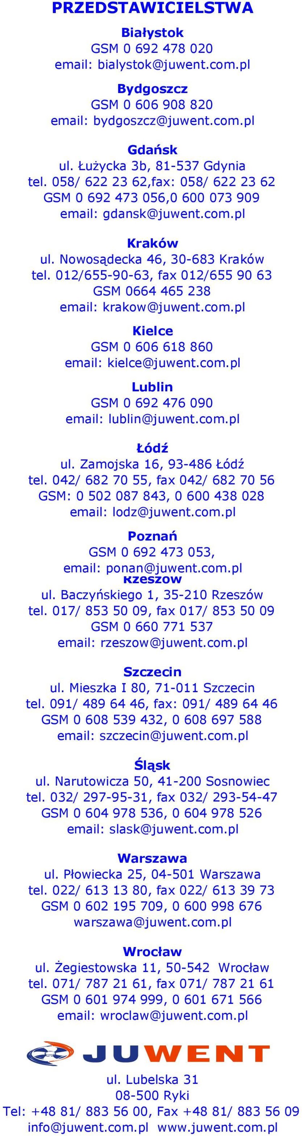 012/655-90-63, fax 012/655 90 63 GSM 0664 465 238 email: krakow@juwent.com.pl Kielce GSM 0 606 618 860 email: kielce@juwent.com.pl Lublin GSM 0 692 476 090 email: lublin@juwent.com.pl Łódź ul.