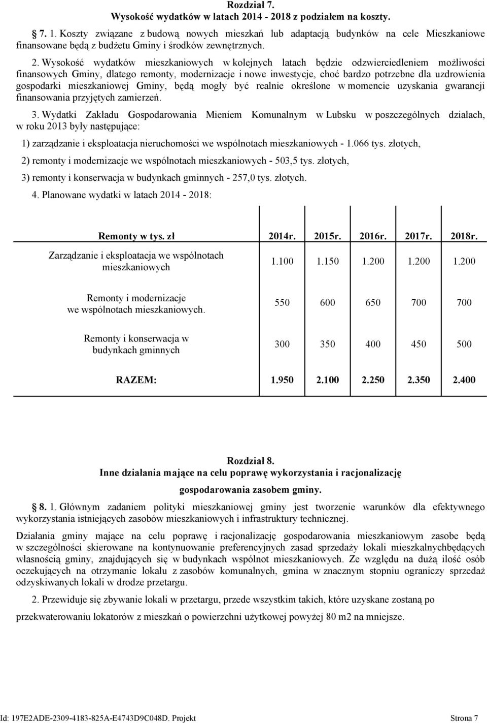 Wysokość wydatków mieszkaniowych w kolejnych latach będzie odzwierciedleniem możliwości finansowych Gminy, dlatego remonty, modernizacje i nowe inwestycje, choć bardzo potrzebne dla uzdrowienia