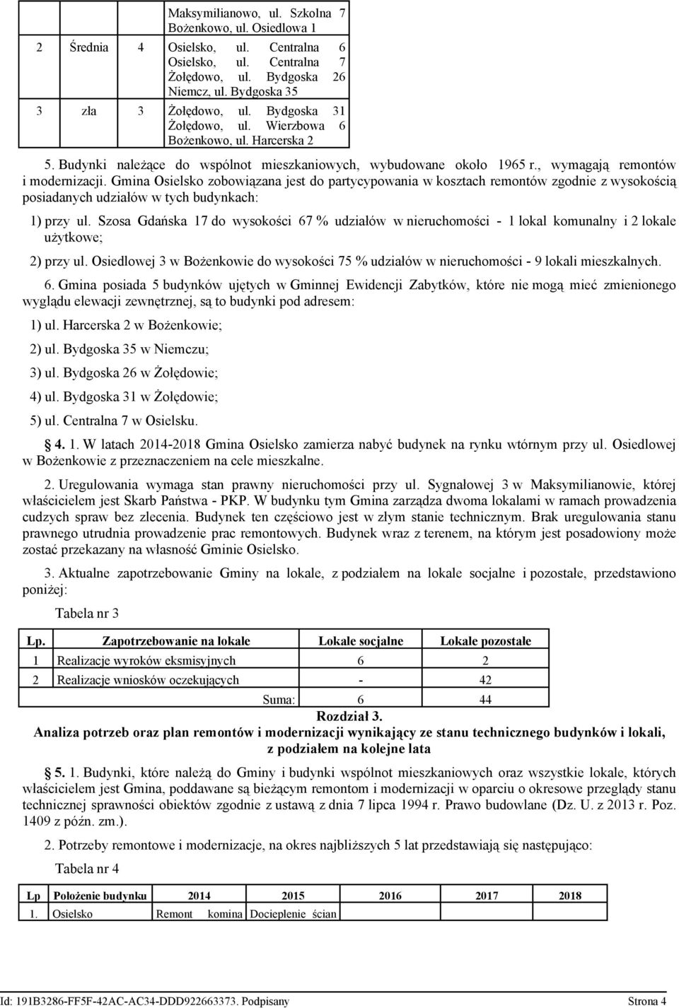 Gmina Osielsko zobowiązana jest do partycypowania w kosztach remontów zgodnie z wysokością posiadanych udziałów w tych budynkach: 1) przy ul.