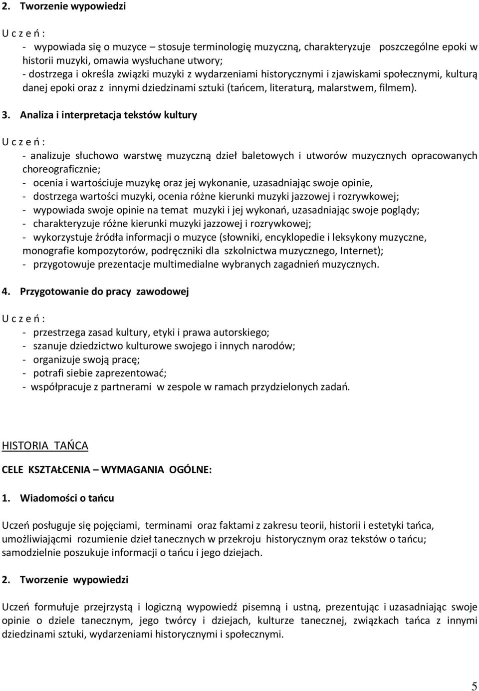 Analiza i interpretacja tekstów kultury - analizuje słuchowo warstwę muzyczną dzieł baletowych i utworów muzycznych opracowanych choreograficznie; - ocenia i wartościuje muzykę oraz jej wykonanie,