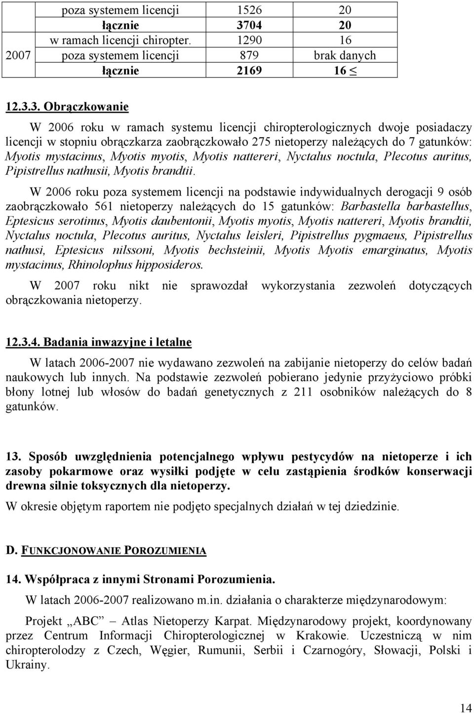 3. Obrączkowanie W 2006 roku w ramach systemu licencji chiropterologicznych dwoje posiadaczy licencji w stopniu obrączkarza zaobrączkowało 275 nietoperzy należących do 7 gatunków: Myotis mystacinus,