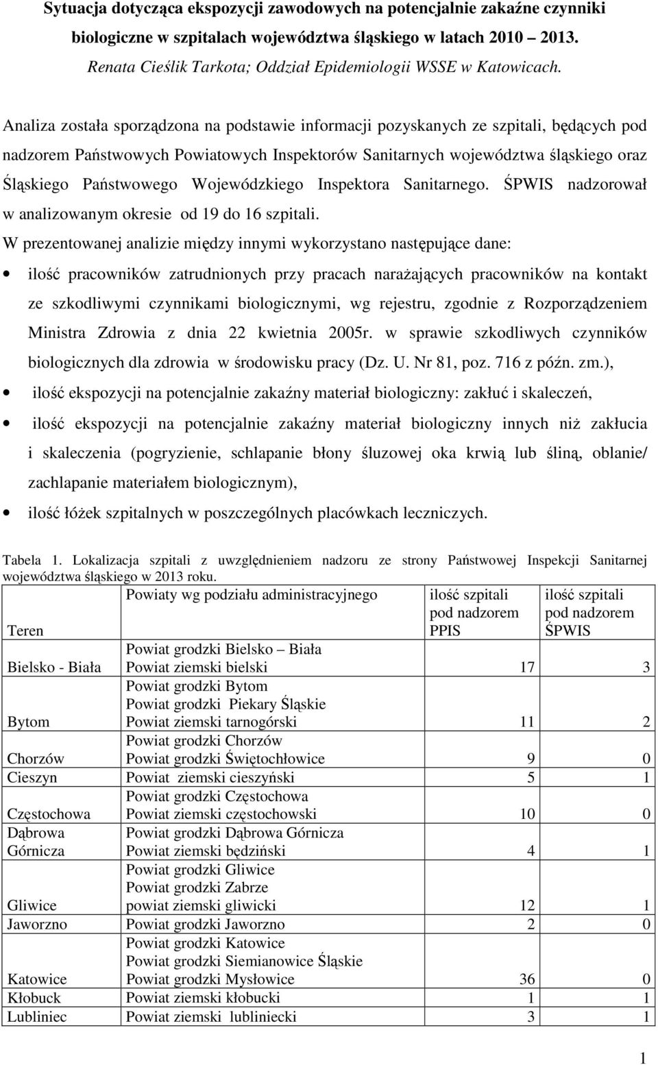 Analiza została sporządzona na podstawie informacji pozyskanych ze szpitali, będących pod nadzorem Państwowych Powiatowych Inspektorów Sanitarnych województwa śląskiego oraz Śląskiego Państwowego