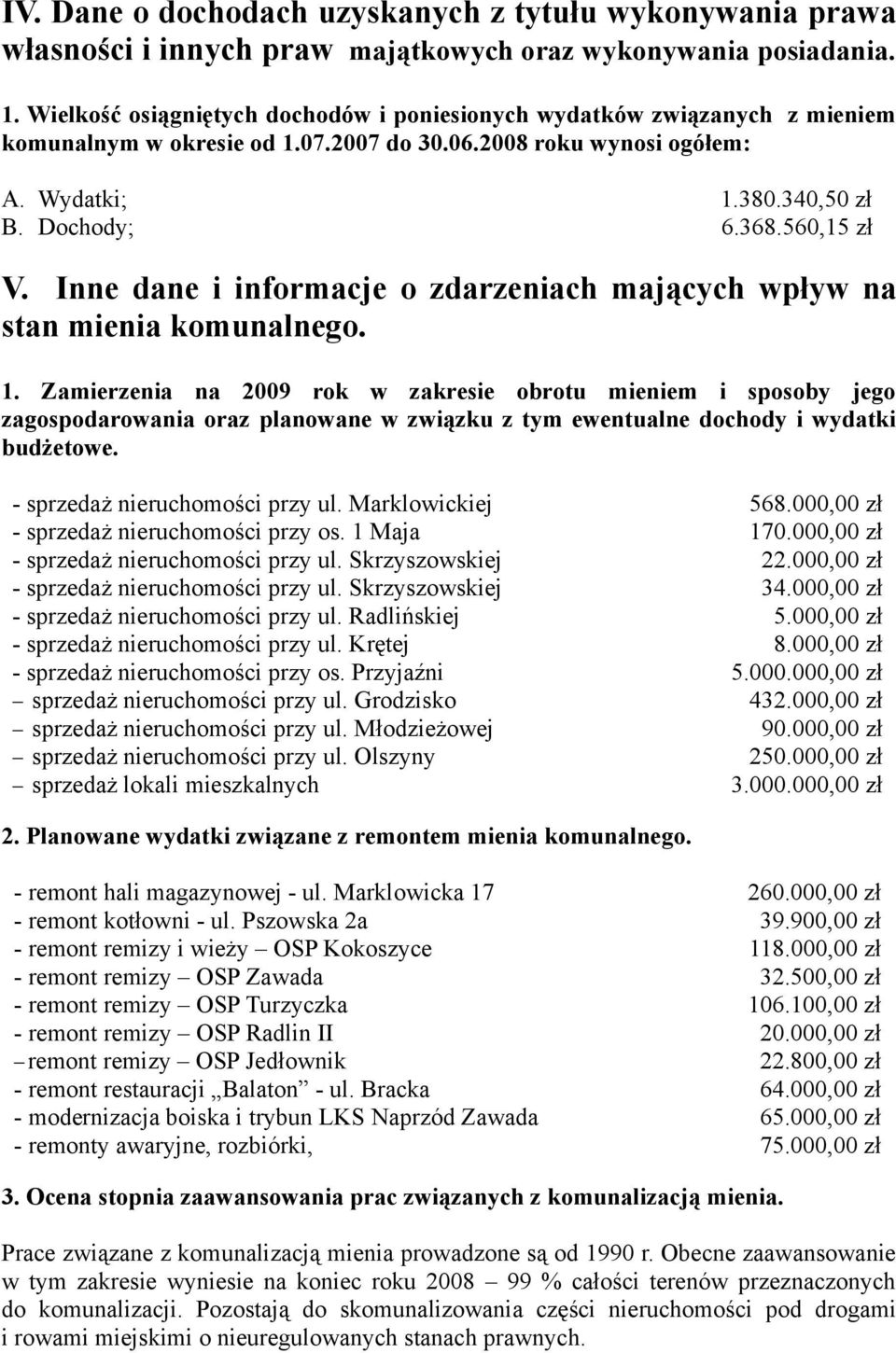 Inne dane i informacje o zdarzeniach mających wpływ na stan mienia komunalnego. 1.