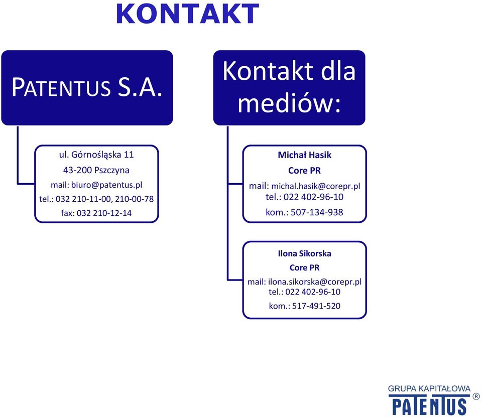 : 032 210-11-00, 210-00-78 fax: 032210-12-14 Michał Hasik Core PR mail: michal.