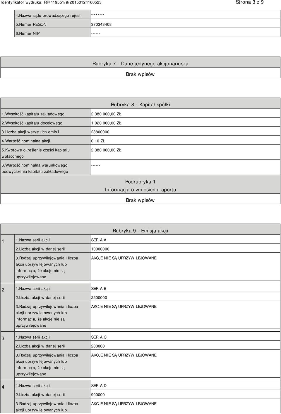 Wartość nominalna warunkowego podwyższenia kapitału zakładowego 0,10 ZŁ 2 380 000,00 ZŁ ------ Podrubryka 1 Informacja o wniesieniu aportu 1 1.Nazwa serii akcji SERIA A 2.