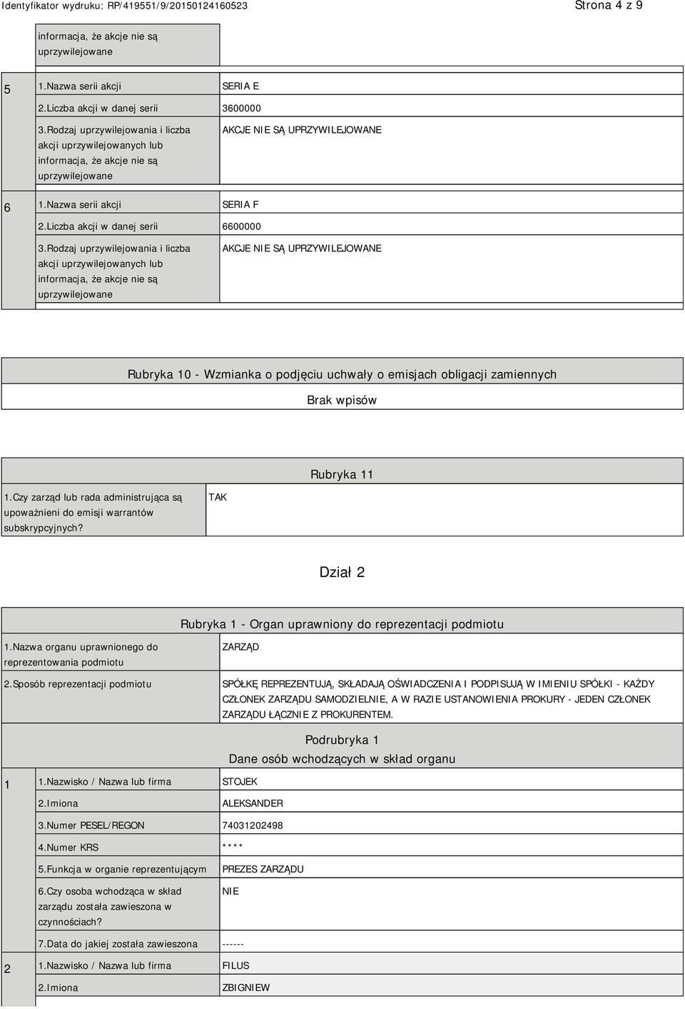 Czy zarząd lub rada administrująca są upoważnieni do emisji warrantów subskrypcyjnych? TAK Dział 2 Rubryka 1 - Organ uprawniony do reprezentacji podmiotu 1.