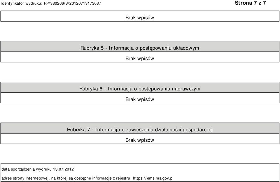 działalności gospodarczej data sporządzenia wydruku 13.07.