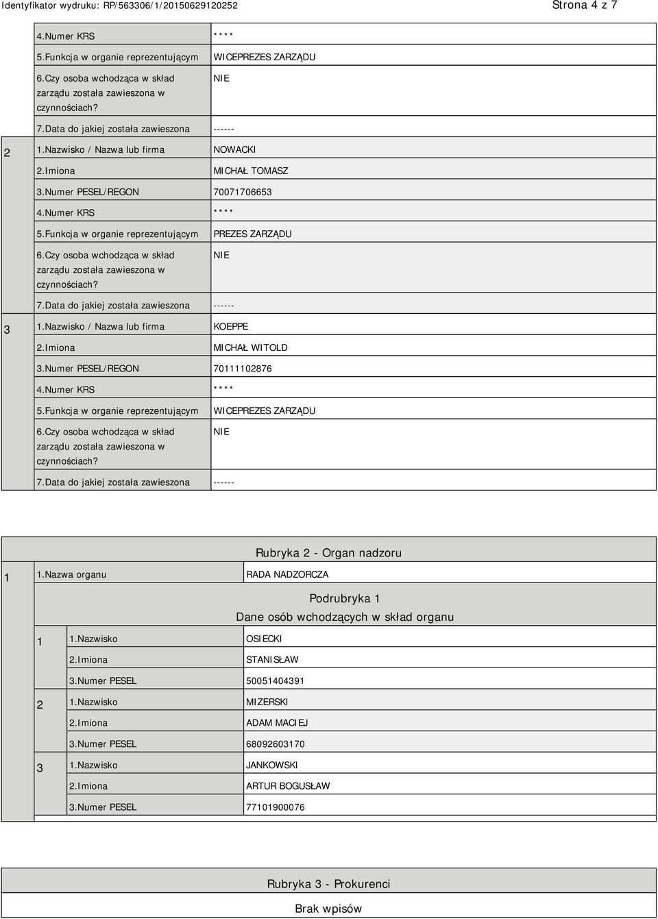 Czy osoba wchodząca w skład zarządu została zawieszona w czynnościach? PREZES ZARZĄDU 7.Data do jakiej została zawieszona ------ 3 1.Nazwisko / Nazwa lub firma KOEPPE MICHAŁ WITOLD 3.