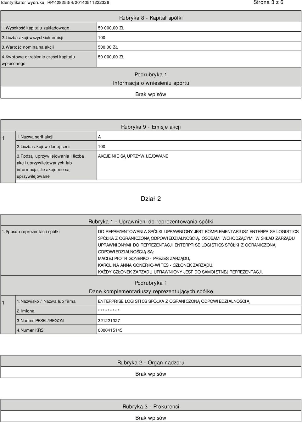 Rodzaj uprzywilejowania i liczba akcji uprzywilejowanych lub informacja, że akcje nie są uprzywilejowane AKCJE NIE SĄ UPRZYWILEJOWANE Dział 2 Rubryka 1 - Uprawnieni do reprezentowania spółki 1.