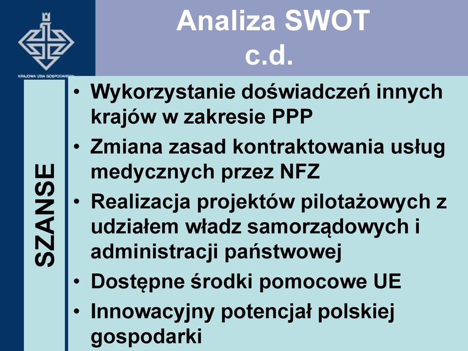 kontraktowania usług medycznych przez NFZ Realizacja projektów