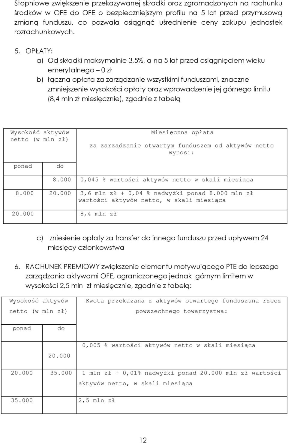 OPŁATY: a) Od składki maksymalnie 3,5%, a na 5 lat przed osiągnięciem wieku emerytalnego 0 zł b) łączna opłata za zarządzanie wszystkimi funduszami, znaczne zmniejszenie wysokości opłaty oraz