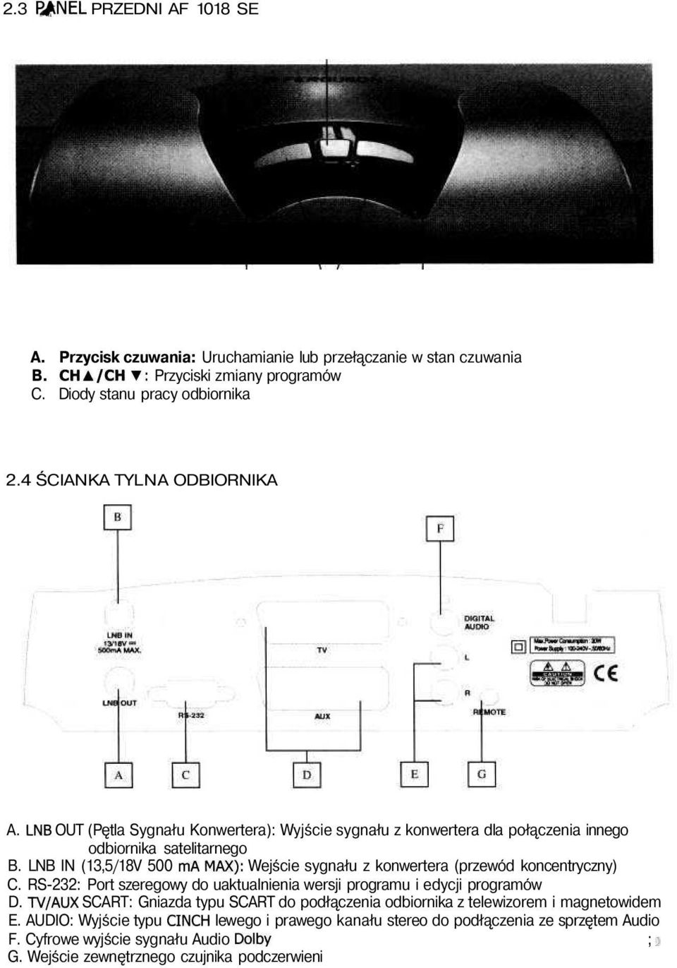 LNB IN (13,5/18V 500 ma MAK): Wejście sygnału z konwertera (przewód koncentryczny) C. RS-232: Port szeregowy do uaktualnienia wersji programu i edycji programów D.