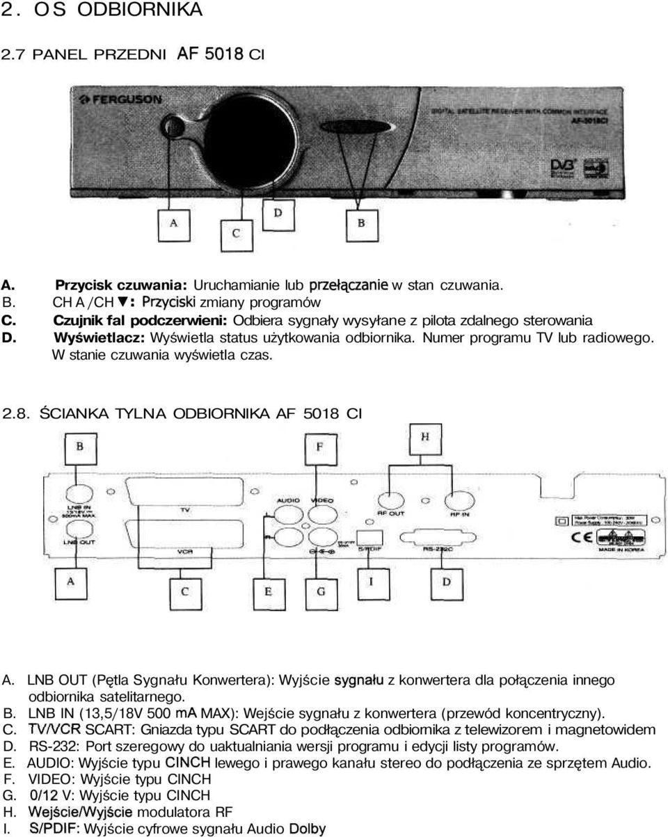 W stanie czuwania wyświetla czas. 2.8. ŚCIANKA TYLNA ODBIORNIKA AF 5018 CI A. LNB OUT (Pętla Sygnału Konwertera): Wyjście sygnału z konwertera dla połączenia innego odbiornika satelitarnego. B.