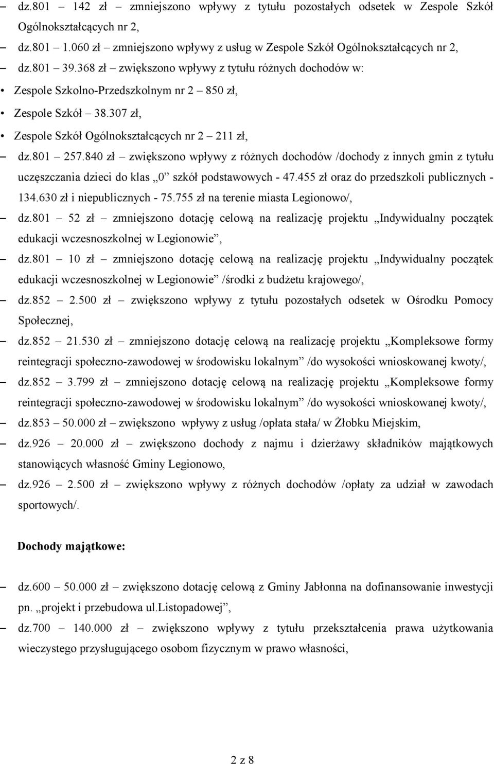 840 zł zwiększono wpływy z różnych dochodów /dochody z innych gmin z tytułu uczęszczania dzieci do klas 0 szkół podstawowych - 47.455 zł oraz do przedszkoli publicznych - 134.