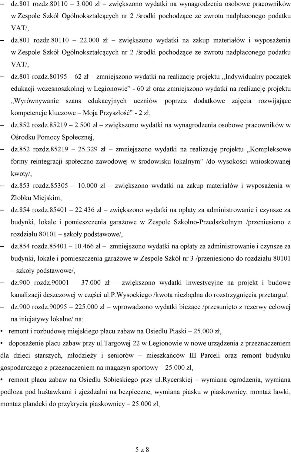 80195 62 zł zmniejszono wydatki na realizację projektu Indywidualny początek edukacji wczesnoszkolnej w Legionowie - 60 zł oraz zmniejszono wydatki na realizację projektu Wyrównywanie szans