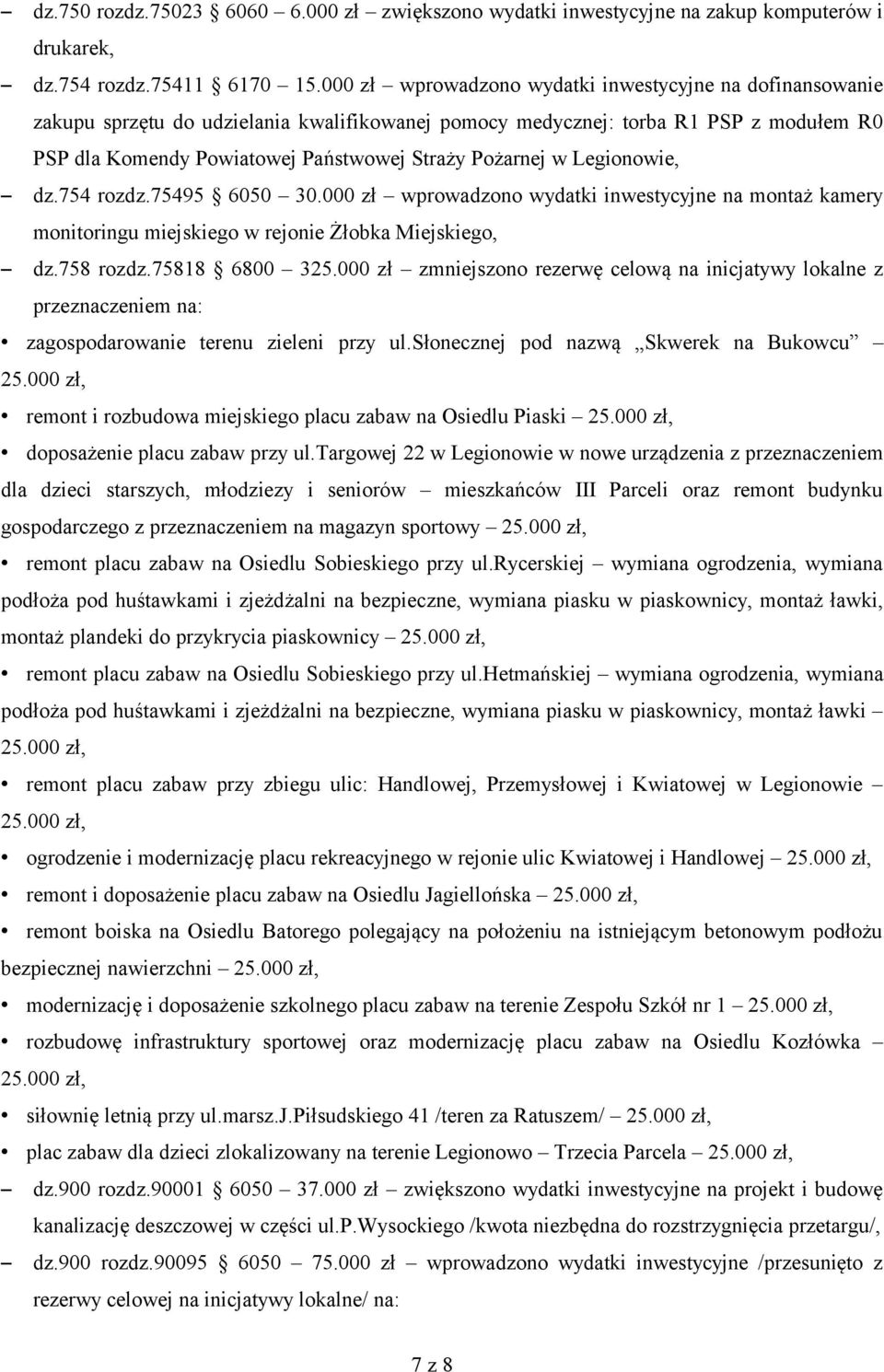 w Legionowie, dz.754 rozdz.75495 6050 30.000 zł wprowadzono wydatki inwestycyjne na montaż kamery monitoringu miejskiego w rejonie Żłobka Miejskiego, dz.758 rozdz.75818 6800 325.