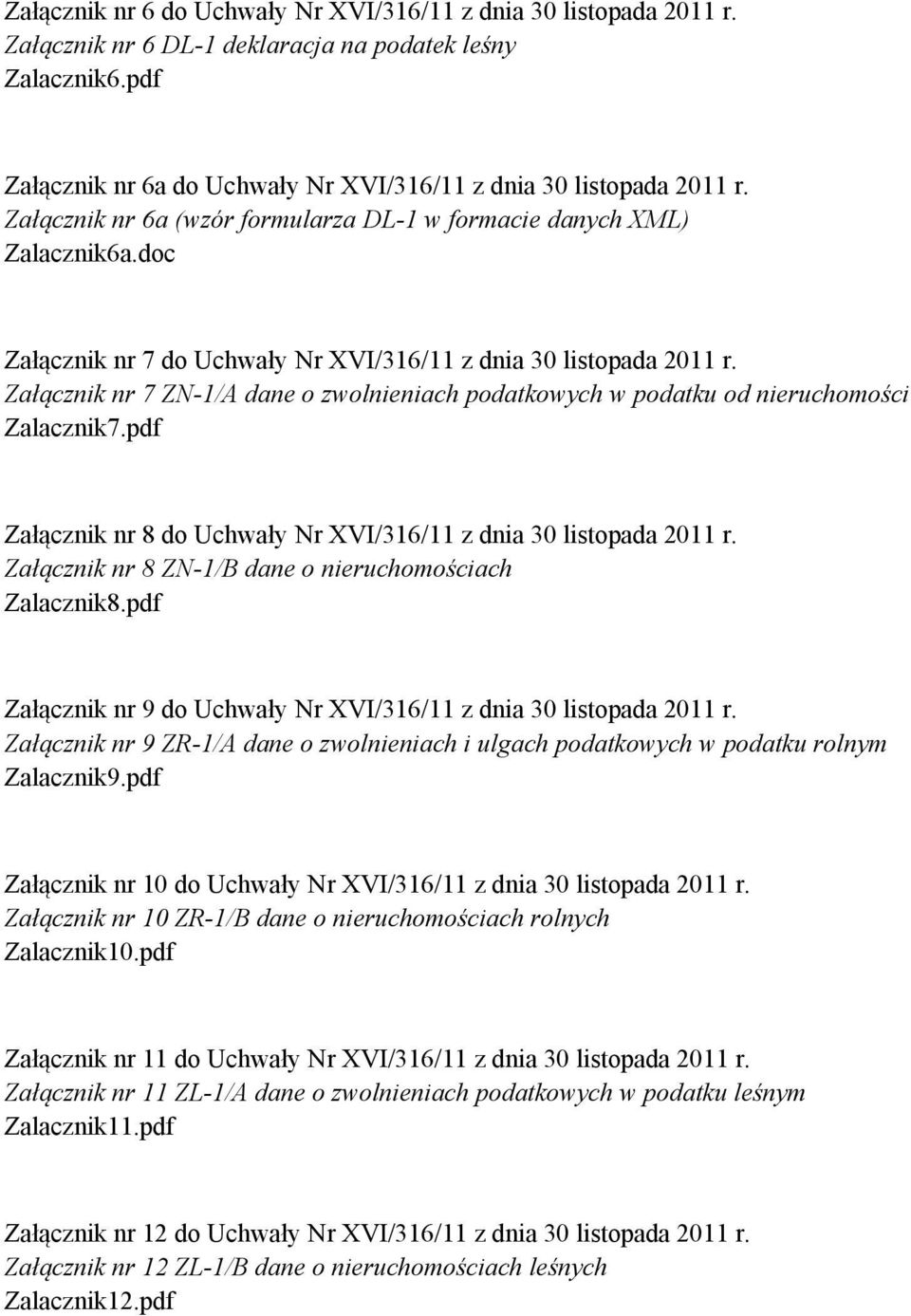 Załącznik nr 7 ZN-1/A dane o zwolnieniach podatkowych w podatku od nieruchomości Zalacznik7.pdf Załącznik nr 8 do Uchwały Nr XVI/316/11 z dnia 30 listopada 2011 r.