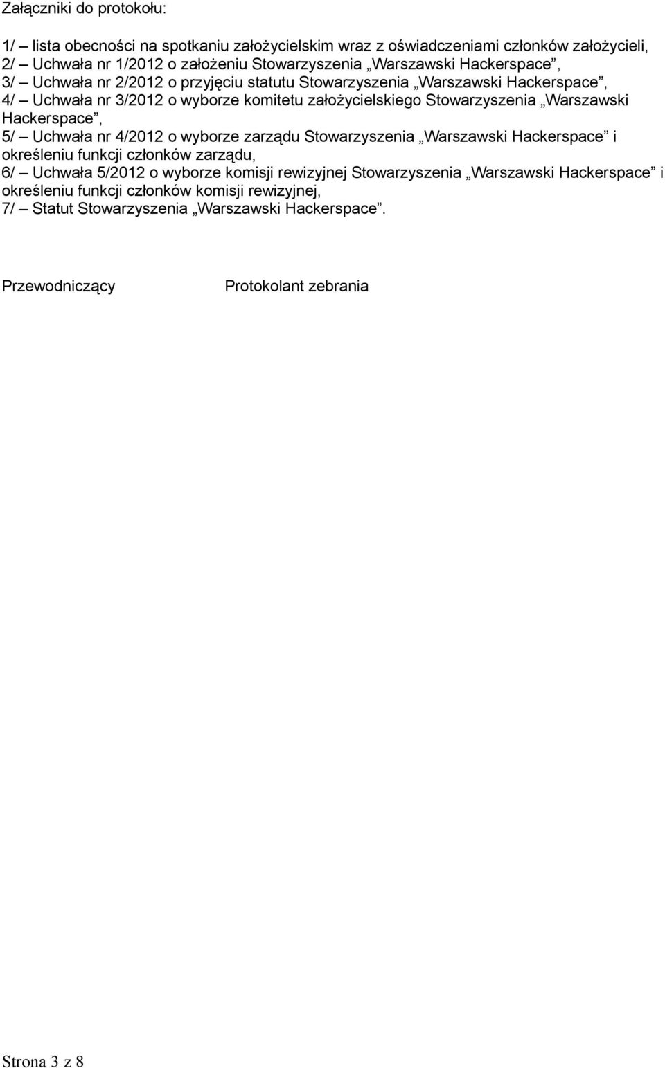 Stowarzyszenia Warszawski Hackerspace, 5/ Uchwała nr 4/2012 o wyborze zarządu Stowarzyszenia Warszawski Hackerspace i określeniu funkcji członków zarządu, 6/ Uchwała