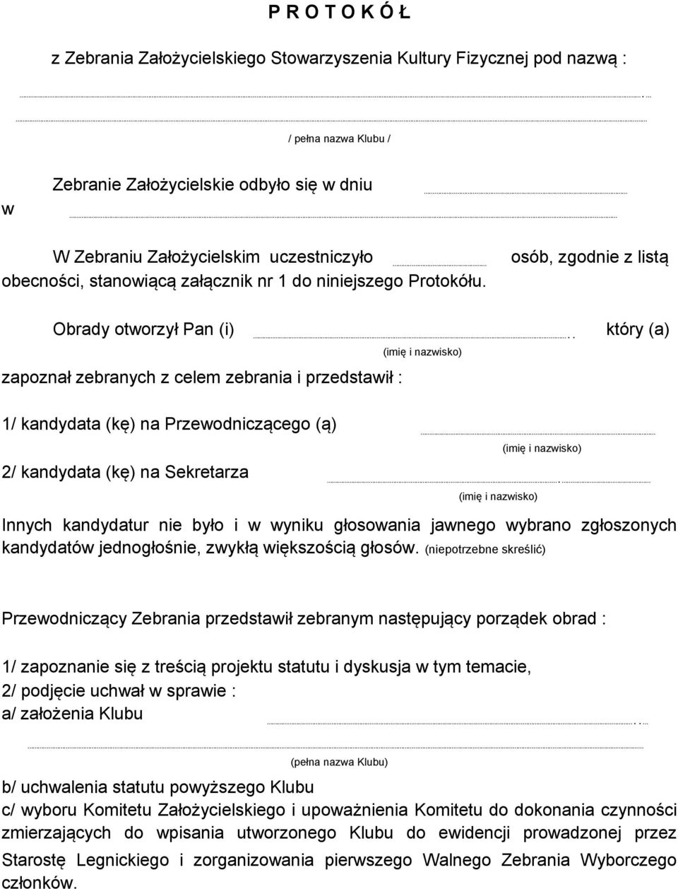 Obrady otworzył Pan (i).. który (a) zapoznał zebranych z celem zebrania i przedstawił : 1/ kandydata (kę) na Przewodniczącego (ą) Zebrania 2/ kandydata (kę) na Sekretarza Zebrania.