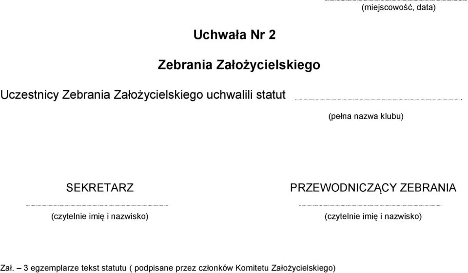 (pełna nazwa klubu) SEKRETARZ PRZEWODNICZĄCY ZEBRANIA Zał.