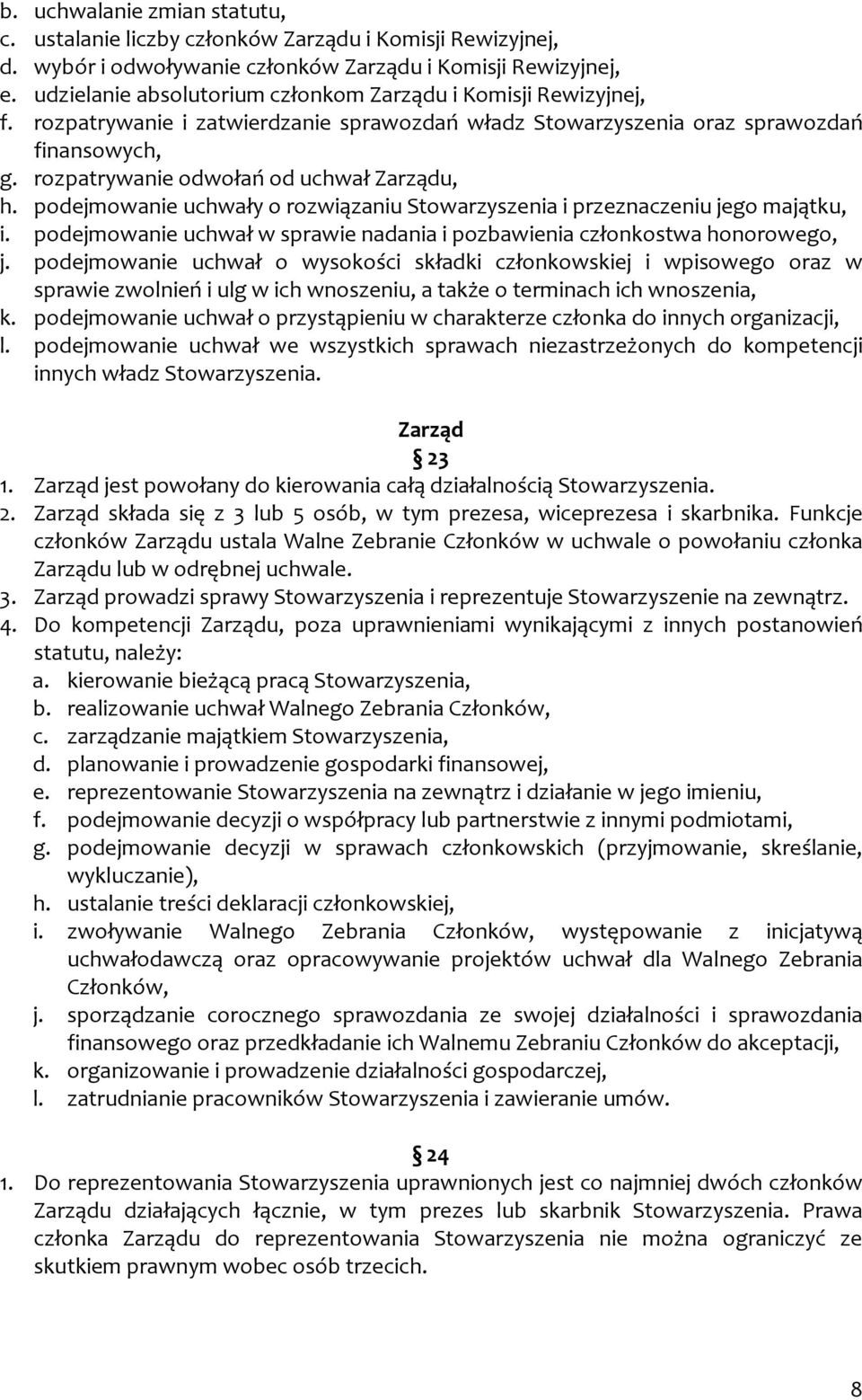 rozpatrywanie odwołań od uchwał Zarządu, h. podejmowanie uchwały o rozwiązaniu Stowarzyszenia i przeznaczeniu jego majątku, i.