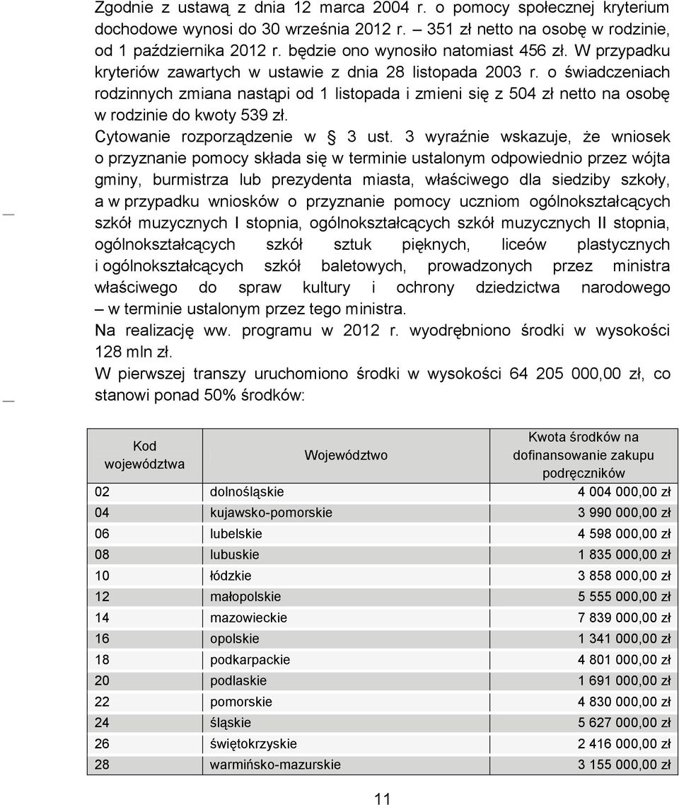 o świadczeniach rodzinnych zmiana nastąpi od 1 listopada i zmieni się z 504 zł netto na osobę w rodzinie do kwoty 539 zł. Cytowanie rozporządzenie w 3 ust.