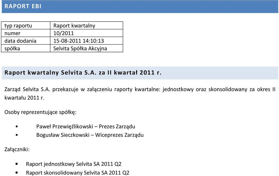za II kwartał 2011 r. Zarząd Selvita S.A.