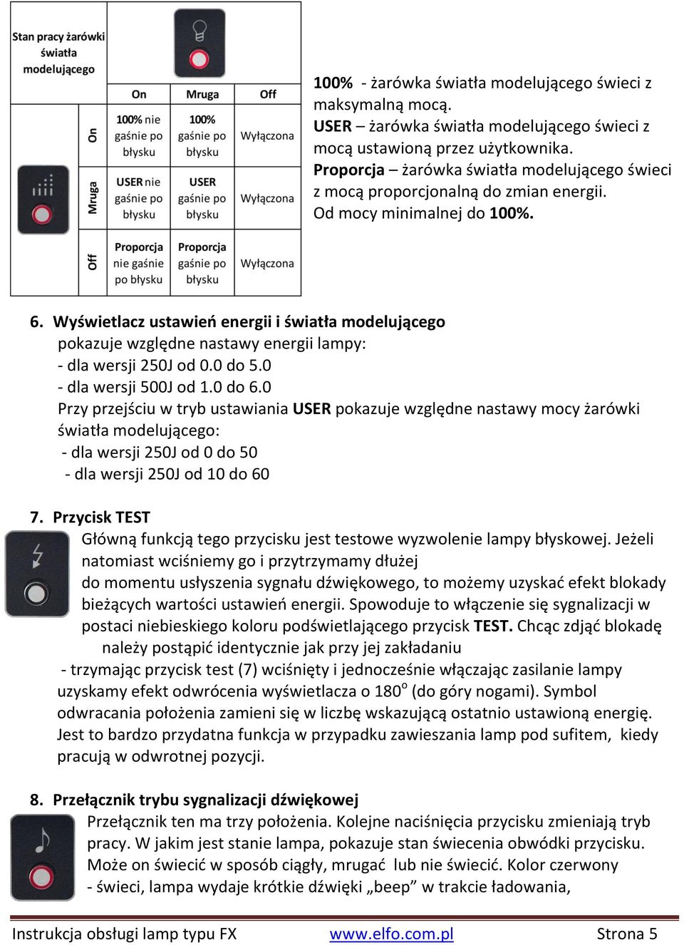 Wyświetlacz ustawieo energii i światła modelującego pokazuje względne nastawy energii lampy: - dla wersji 250J od 0.0 do 5.0 - dla wersji 500J od 1.0 do 6.