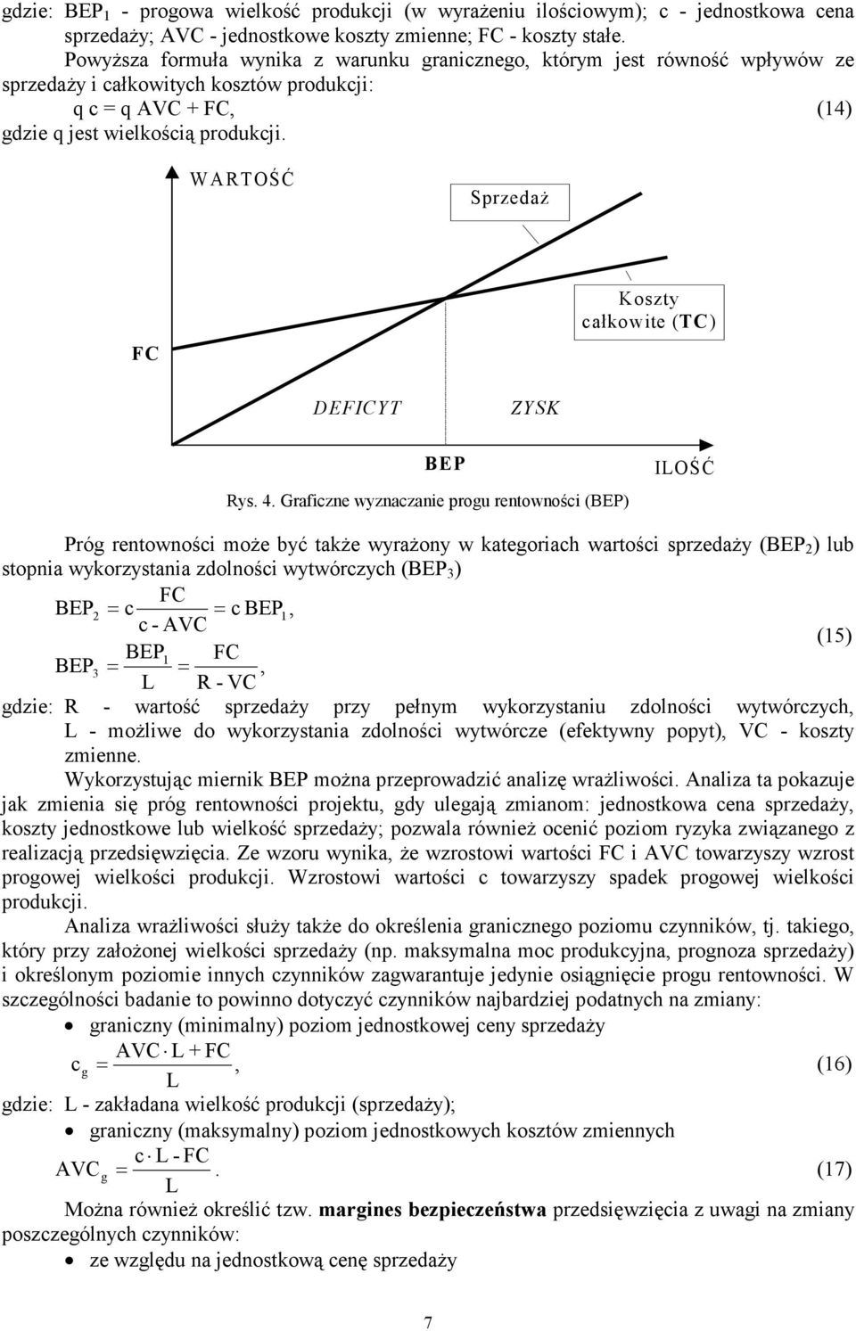 WARTOŚĆ SprzedaŜ FC Koszy całkowie (TC) DEFICYT ZYSK BEP Rys. 4.