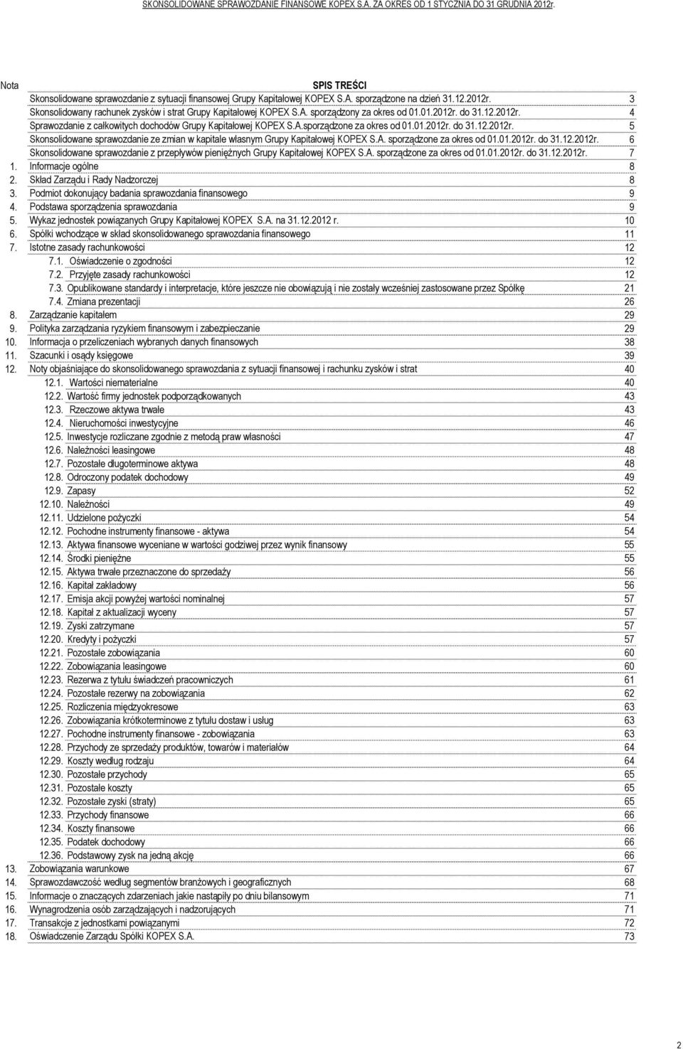 A. sporządzone za okres od 01.01.2012r. do 31.12.2012r. Skonsolidowane sprawozdanie z przepływów pieniężnych Grupy Kapitałowej KOPEX S.A. sporządzone za okres od 01.01.2012r. do 31.12.2012r. 3 4 5 6 7 1.