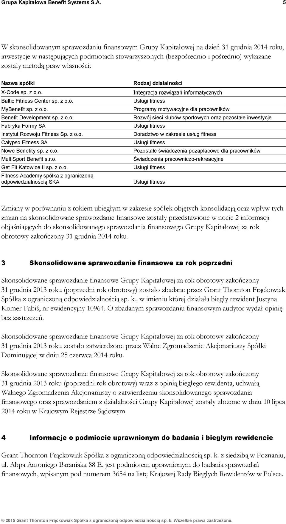 praw własności: Nazwa spółki X-Code sp. z o.o. Baltic Fitness Center sp. z o.o. MyBenefit sp. z o.o. Benefit Development sp. z o.o. Fabryka Formy SA Instytut Rozwoju Fitness Sp. z o.o. Calypso Fitness SA Nowe Benefity sp.