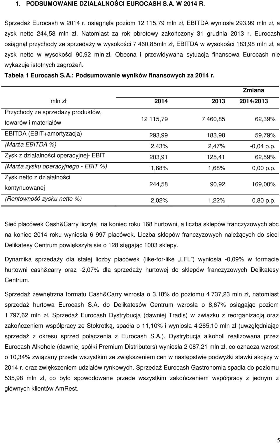 Obecna i przewidywana sytuacja finansowa Eurocash nie wykazuje istotnych zagrożeń. Tabela 1 Eurocash S.A.: Podsumowanie wyników finansowych za 2014 r.