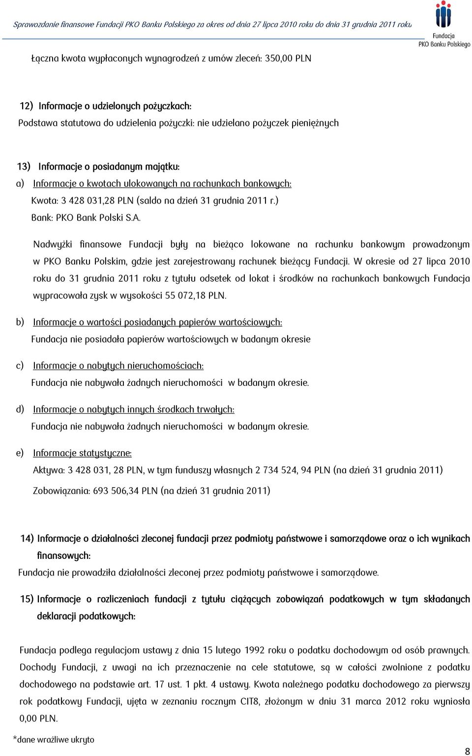 Nadwyżki finansowe Fundacji były na bieżąco lokowane na rachunku bankowym prowadzonym w PKO Banku Polskim, gdzie jest zarejestrowany rachunek bieżący Fundacji.