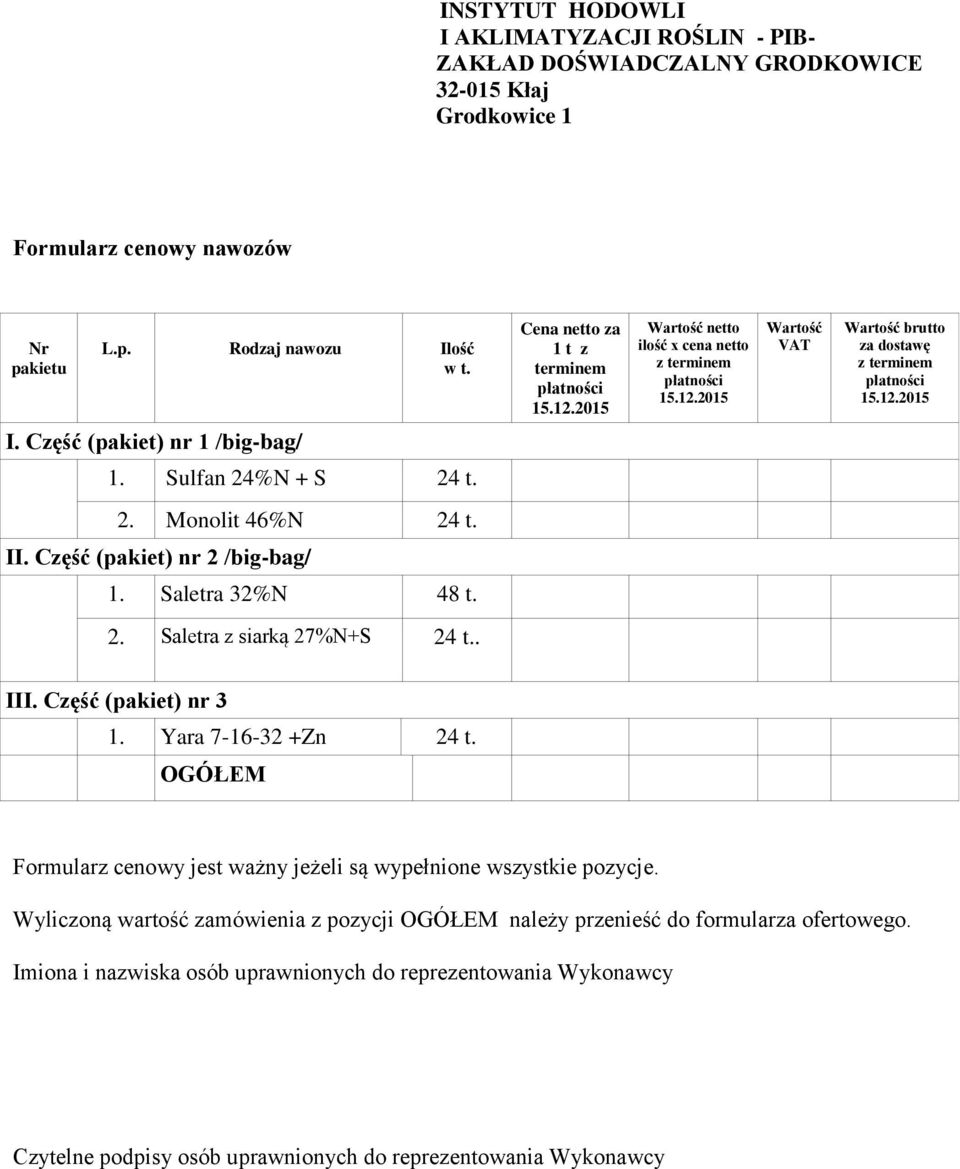 Część (pakiet) nr 1 /big-bag/ 1. Sulfan 24%N + S 24 t. 2. Monolit 46%N 24 t. II. Część (pakiet) nr 2 /big-bag/ 1. Saletra 32%N 48 t. 2. Saletra z siarką 27%N+S 24 t.. III. Część (pakiet) nr 3 1.