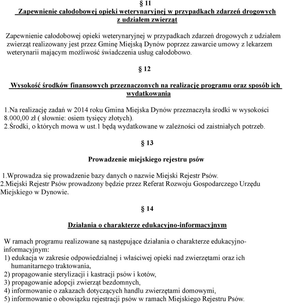 12 Wysokość środków finansowych przeznaczonych na realizację programu oraz sposób ich wydatkowania 1.Na realizację zadań w 2014 roku Gmina Miejska Dynów przeznaczyła środki w wysokości 8.