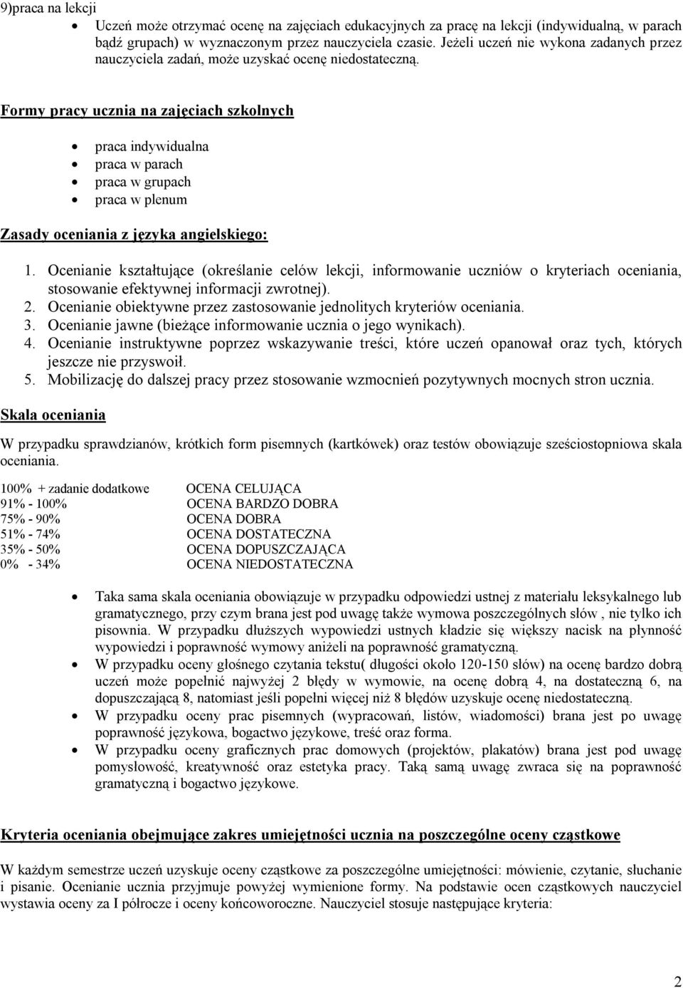 Formy pracy ucznia na zajęciach szkolnych praca indywidualna praca w parach praca w grupach praca w plenum Zasady oceniania z języka angielskiego: 1.