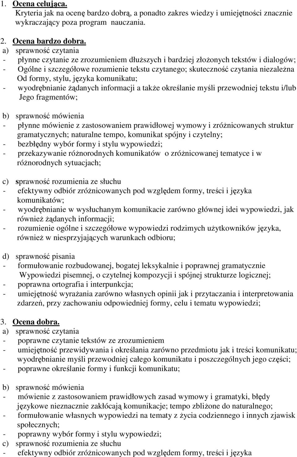 formy, stylu, języka komunikatu; - wyodrębnianie żądanych informacji a także określanie myśli przewodniej tekstu i/lub Jego fragmentów; b) sprawność mówienia - płynne mówienie z zastosowaniem