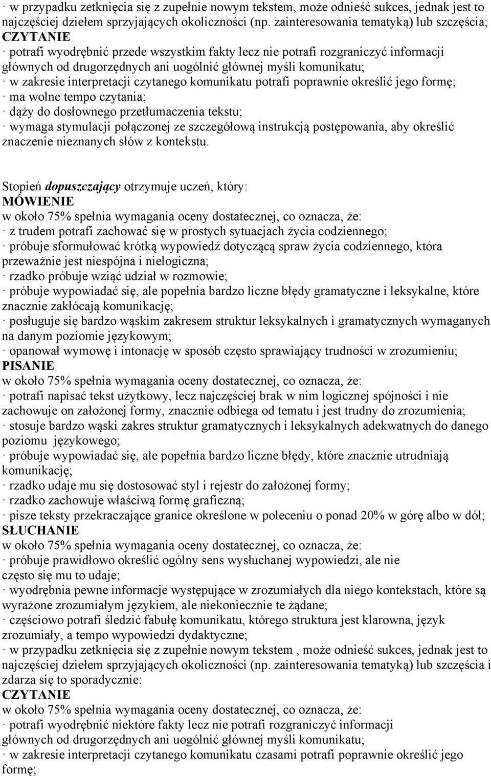 interpretacji czytanego komunikatu potrafi poprawnie określić jego formę; ma wolne tempo czytania; dąży do dosłownego przetłumaczenia tekstu; wymaga stymulacji połączonej ze szczegółową instrukcją