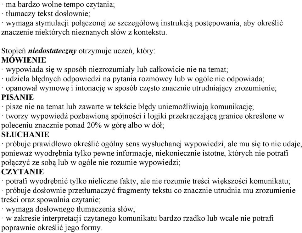 wymowę i intonację w sposób często znacznie utrudniający zrozumienie; pisze nie na temat lub zawarte w tekście błędy uniemożliwiają komunikację; tworzy wypowiedź pozbawioną spójności i logiki