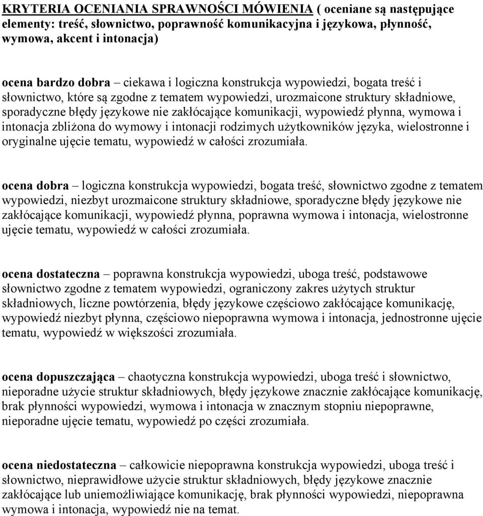 płynna, wymowa i intonacja zbliżona do wymowy i intonacji rodzimych użytkowników języka, wielostronne i oryginalne ujęcie tematu, wypowiedź w całości zrozumiała.