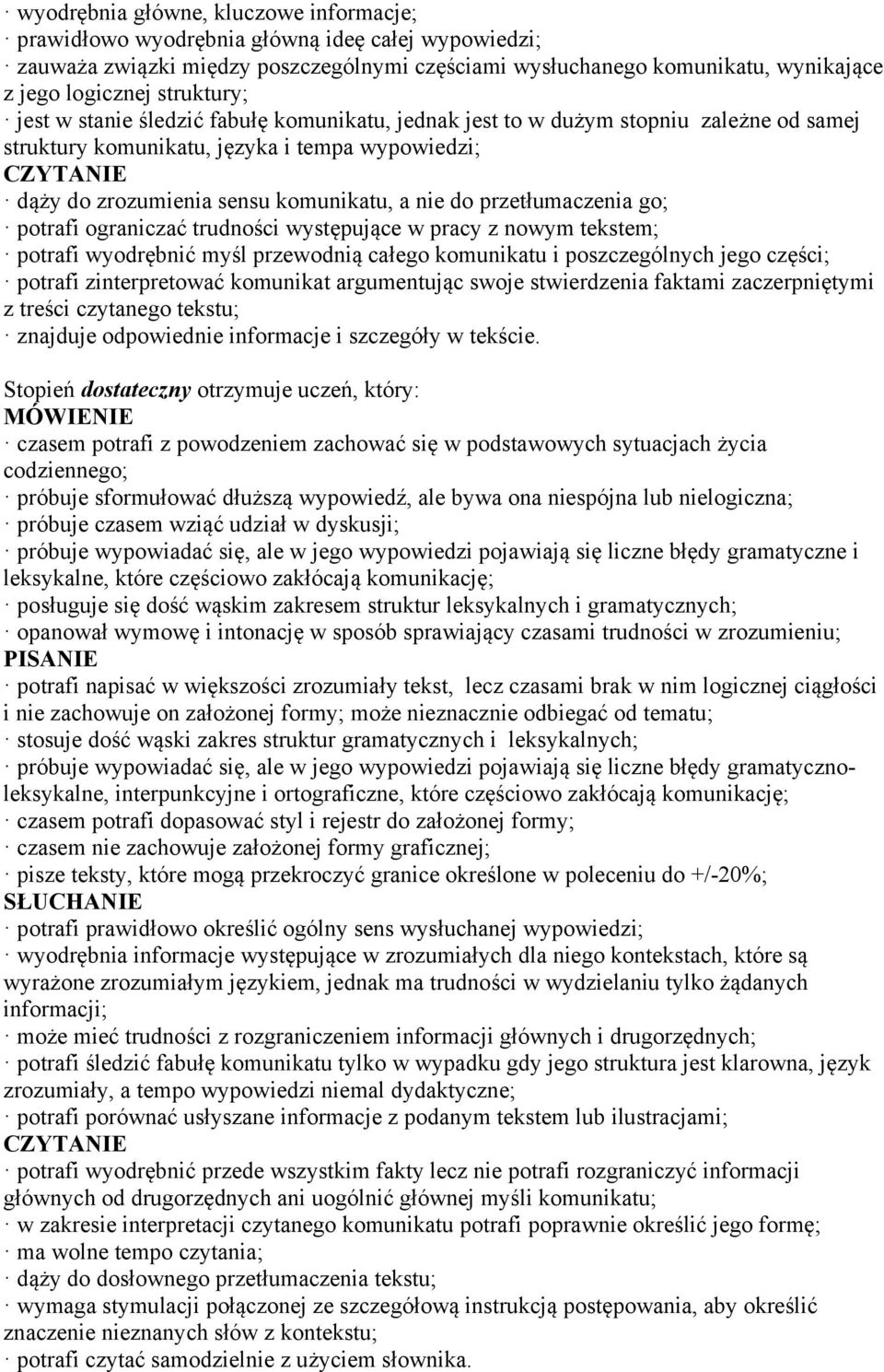 przetłumaczenia go; potrafi ograniczać trudności występujące w pracy z nowym tekstem; potrafi wyodrębnić myśl przewodnią całego komunikatu i poszczególnych jego części; potrafi zinterpretować