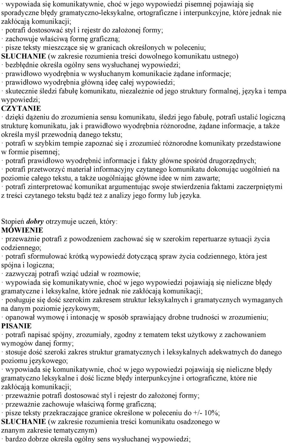 ustnego) bezbłędnie określa ogólny sens wysłuchanej wypowiedzi; prawidłowo wyodrębnia w wysłuchanym komunikacie żądane informacje; prawidłowo wyodrębnia główną ideę całej wypowiedzi; skutecznie