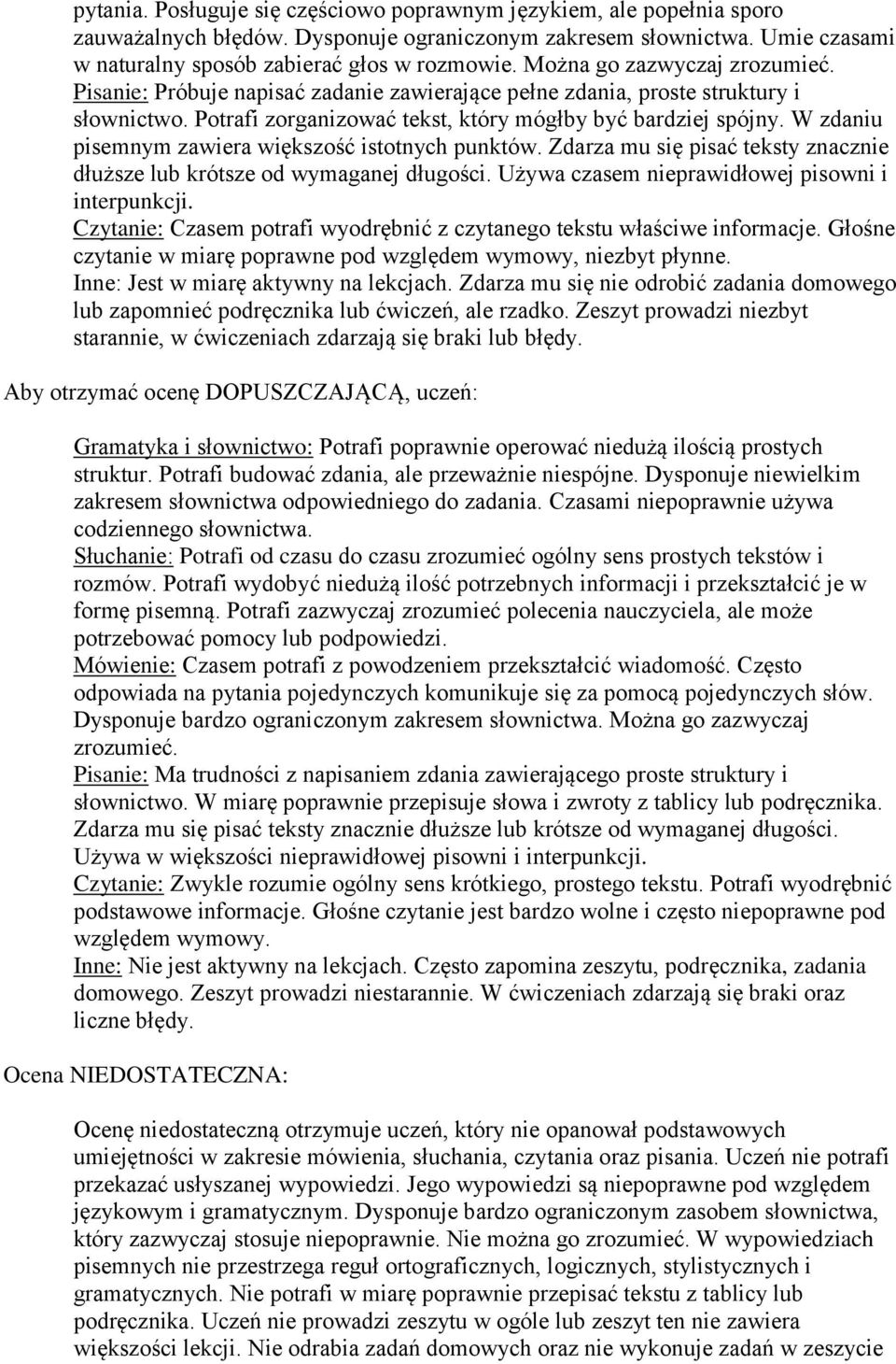 W zdaniu pisemnym zawiera większość istotnych punktów. Zdarza mu się pisać teksty znacznie dłuższe lub krótsze od wymaganej długości. Używa czasem nieprawidłowej pisowni i interpunkcji.