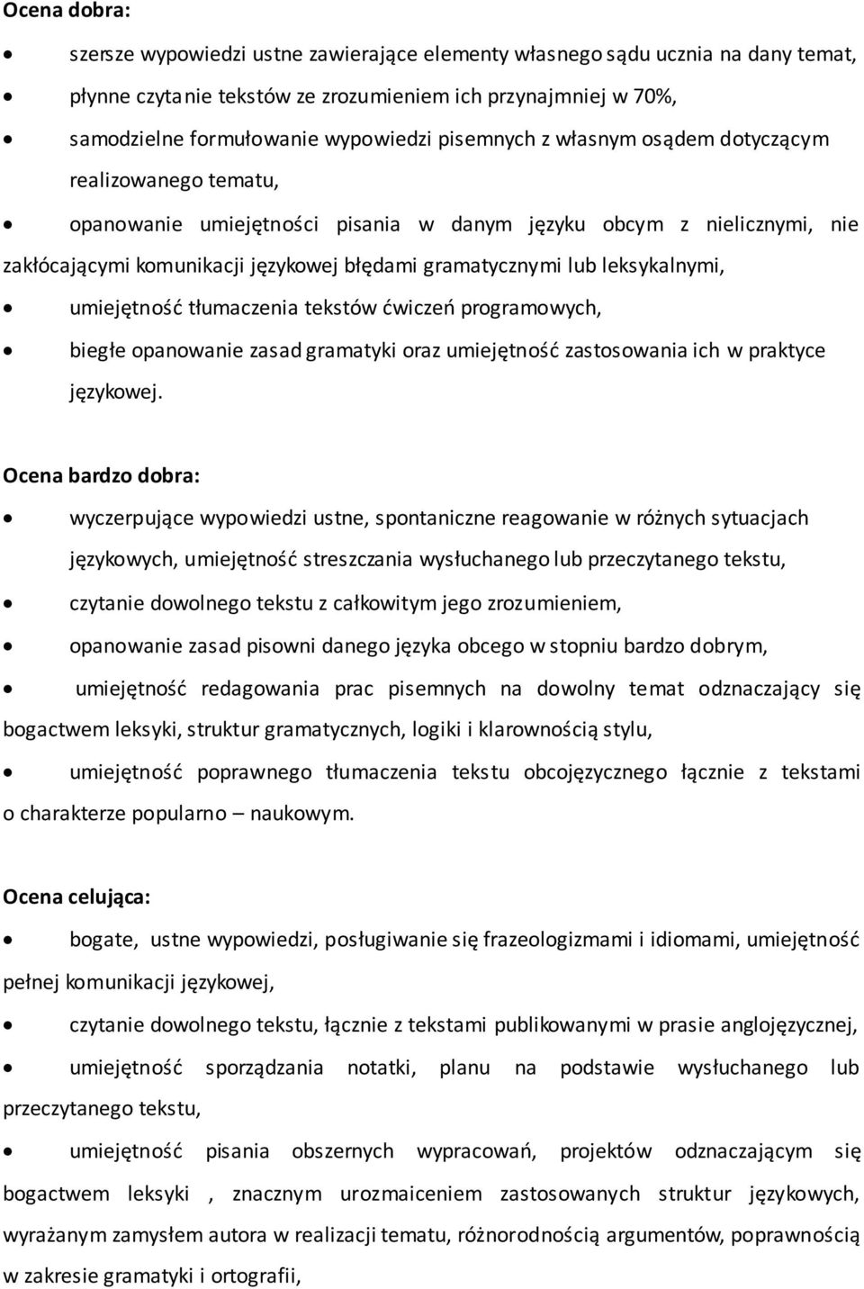 leksykalnymi, umiejętność tłumaczenia tekstów ćwiczeń programowych, biegłe opanowanie zasad gramatyki oraz umiejętność zastosowania ich w praktyce językowej.