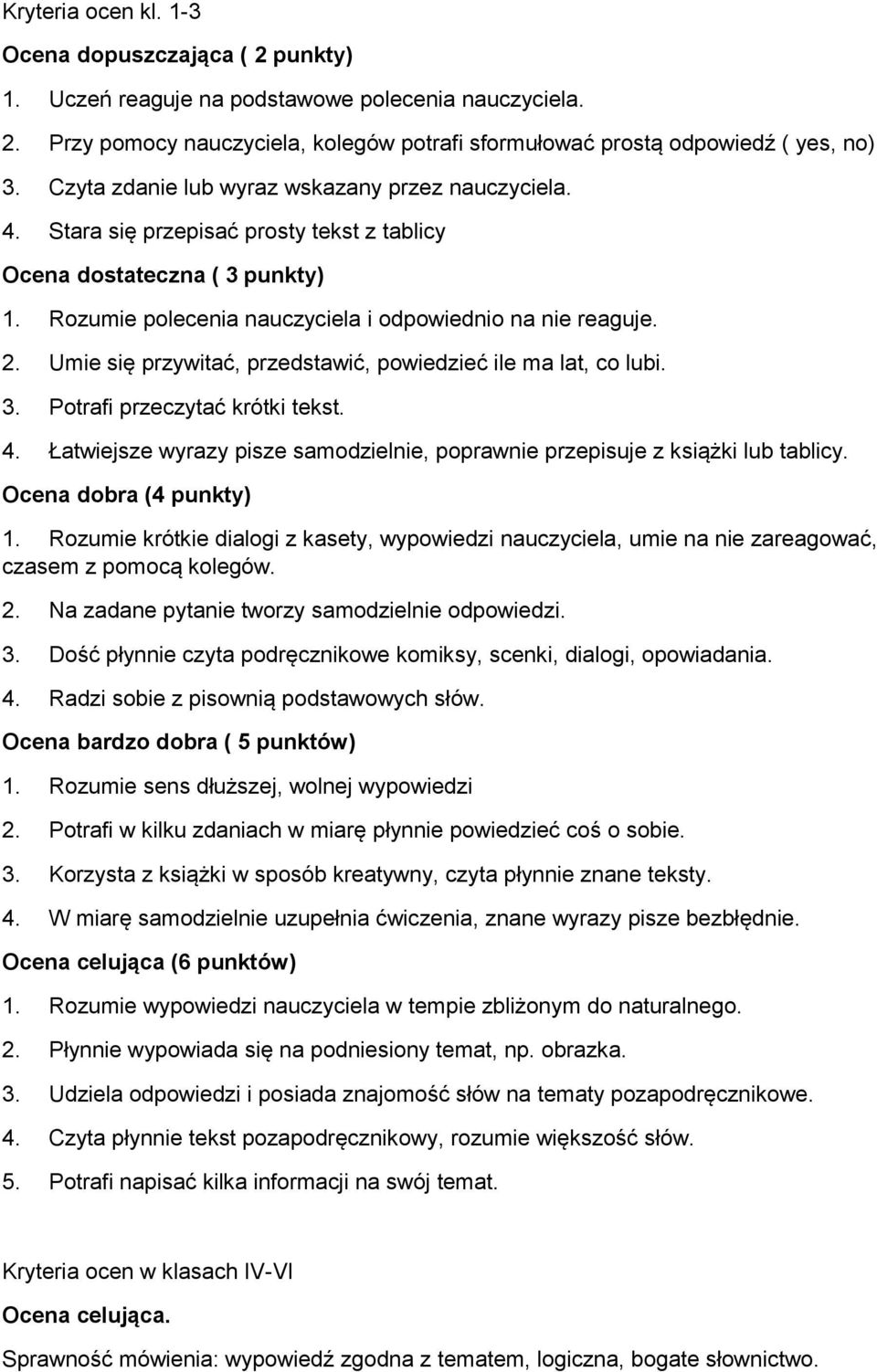 Umie się przywitać, przedstawić, powiedzieć ile ma lat, co lubi. 3. Potrafi przeczytać krótki tekst. 4. Łatwiejsze wyrazy pisze samodzielnie, poprawnie przepisuje z książki lub tablicy.