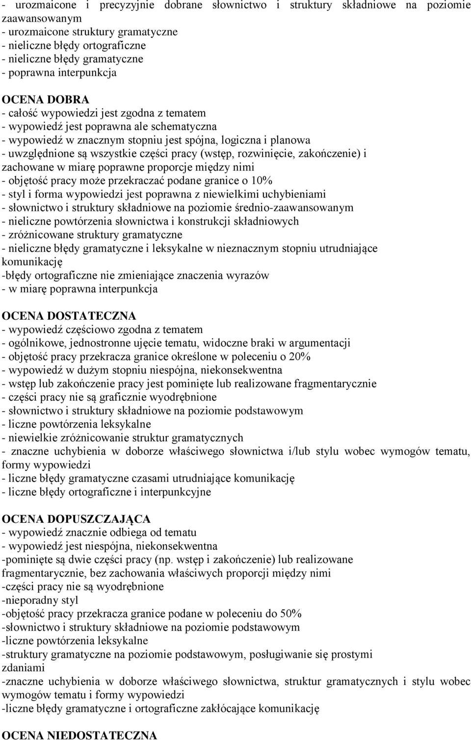 wszystkie części pracy (wstęp, rozwinięcie, zakończenie) i zachowane w miarę poprawne proporcje między nimi - objętość pracy może przekraczać podane granice o 10% - styl i forma wypowiedzi jest